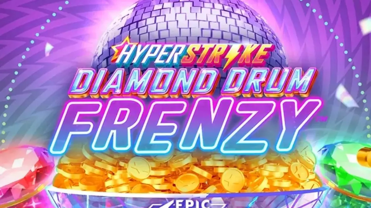 Tampilan visual slot Hyper Strike Diamond Drum Frenzy dengan nuansa neon retro dan drum emas.