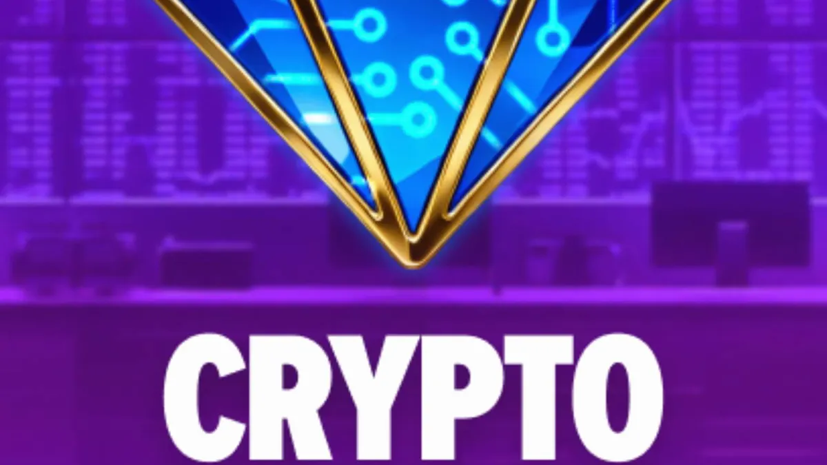 Tampilan visual slot Crypto Crown 20 dengan simbol kripto dan buah neon